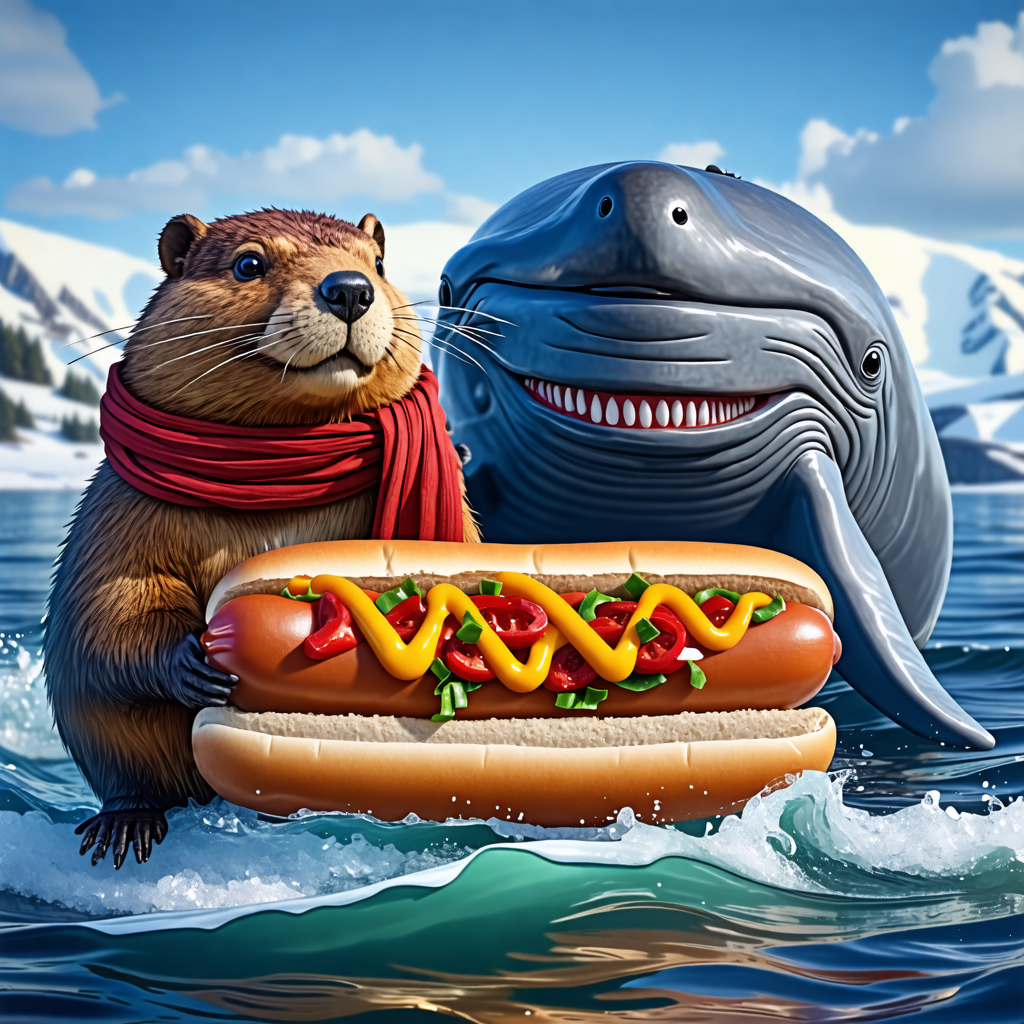 hot dog, beaver, whale, scarf